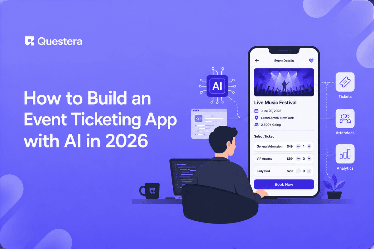 Building an event ticketing app with AI showing ticket tiers and QR check-in