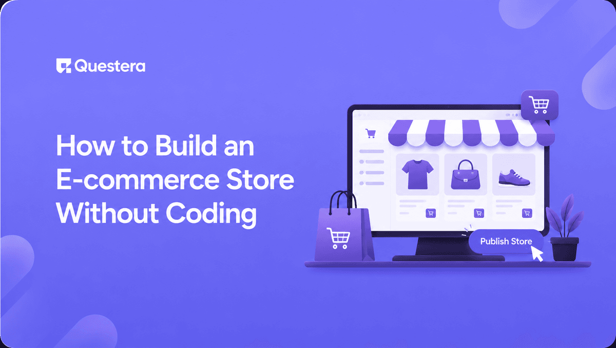 Build an e-commerce store without coding displayed on a laptop with product grid and cart visible