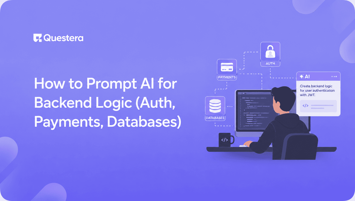 Prompting AI for backend logic — auth, payments, and database scaffolding shown on screen