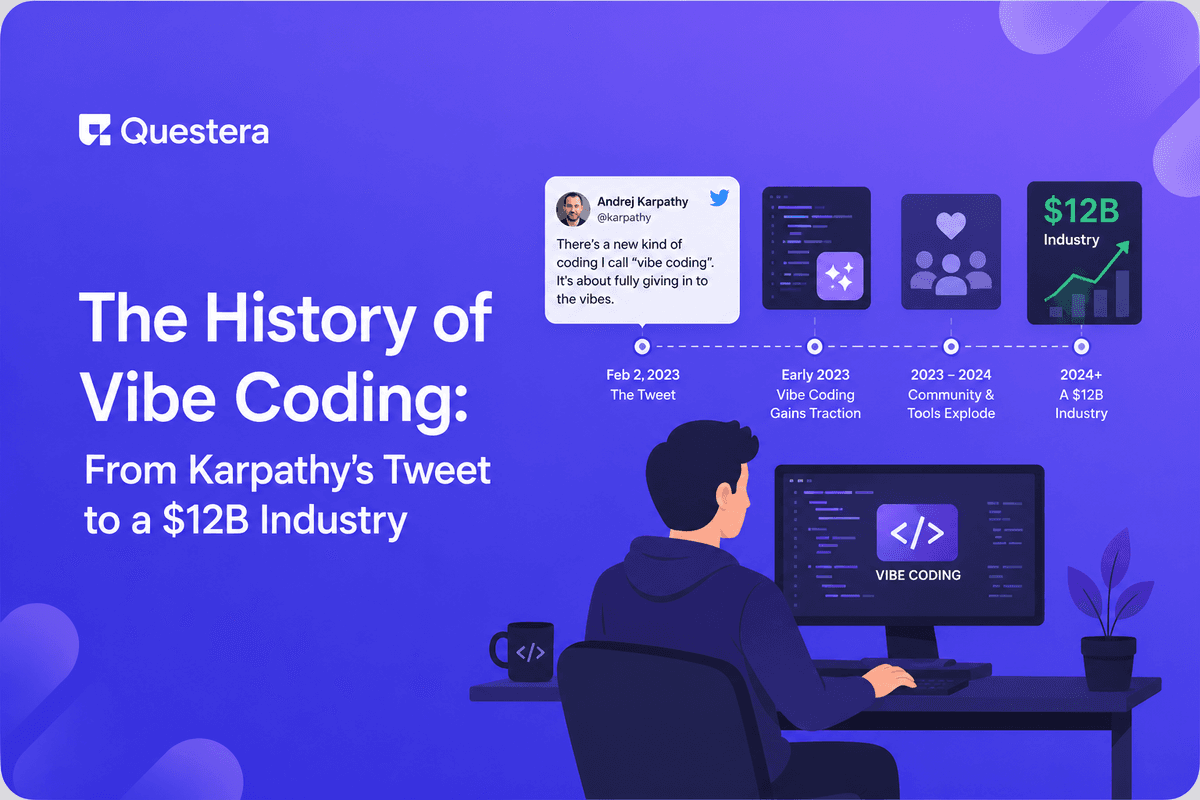 Timeline showing the history of vibe coding from Karpathy's February 2025 tweet to the 2026 industry