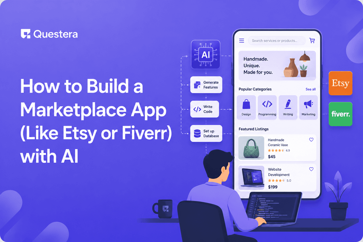 Build a marketplace app like Etsy or Fiverr with AI — listings, search, and seller dashboard visible
