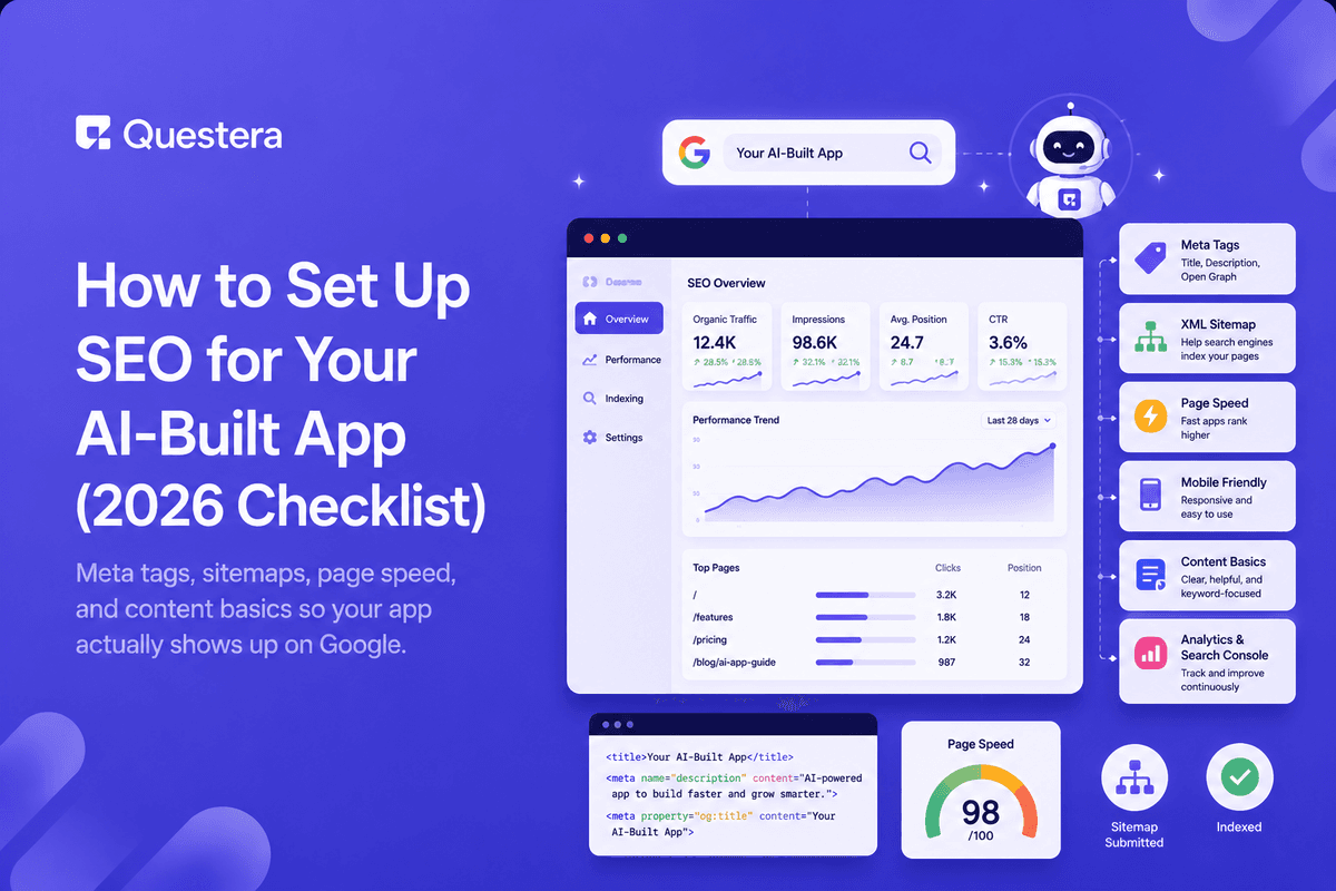 SEO setup checklist for an AI-built app showing search rankings